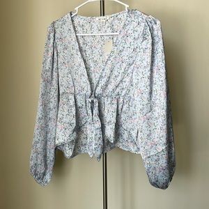 Francesca’s Pale blue floral tie front peplum blouse